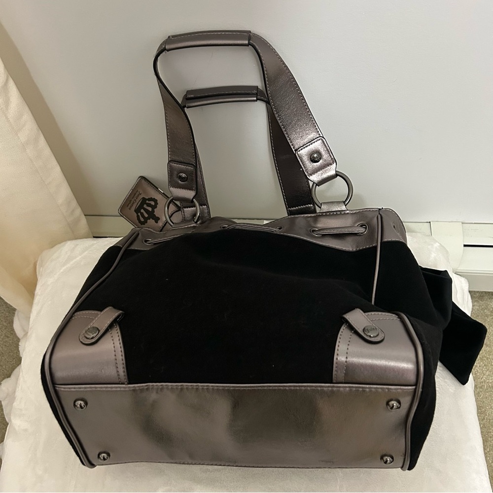 NWT Juicy Couture Black Velour Daydreamer Bag Metallic Pewter Trim - Picture 6 of 7